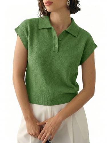 Saodimallsu Womens Cap Short Sleeve Sweater Top Summer Polo Shirts Button Collared Knit Business Casual Pullover Sweater Army Green - Image 1