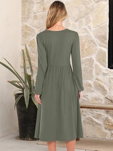 ANRABESS Women Long Sleeve Midi Dress Crewneck 2025 Fall Fashion Casual Flowy A-Line Long Dresses Vacation Outfit with Pocket Army Green L - Thumbnail 5