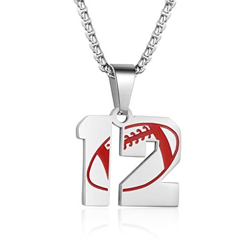 Rehoboth American Football Rugby Athletes Jersey Number 12 Stainless Steel Pendant Necklace for Women Men 24 Inch Chain