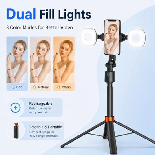 70" Auto Face Tracking Phone Tripod with Fill Light, 360° Rotating Smart Shooting Stand with Remote Control, No App Required for Vlogging, TikTok Live, YouTube & Video Recording - Thumbnail 3