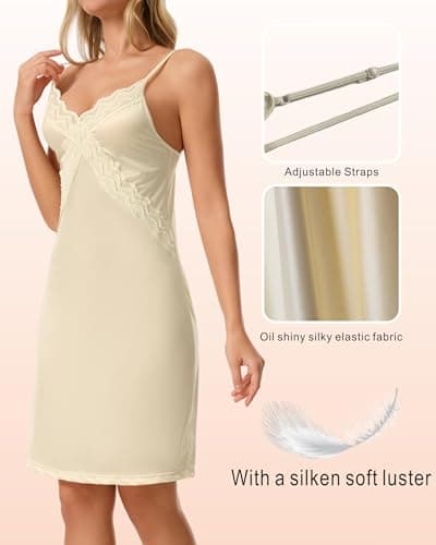 RanZZRan Sexy Lace Full Slip for Women | Adjustable Spaghetti Strap Slip for Dresses, Nightgown & Loungewear (US, Alpha, Small, Regular, Regular, 1 pack Champagne) - Thumbnail 3