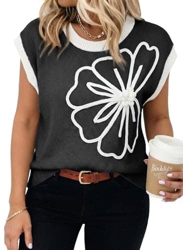 Dokotoo Women's Sweaters Summer Embroidered Floral Crewneck Crochet Cute Tops 2026 Spring Sleeveless Top Cruise Outfits Color Blocked Pullover Tops Plus Size Fashion Clothing Plus Size,Black X-Large - Image 1