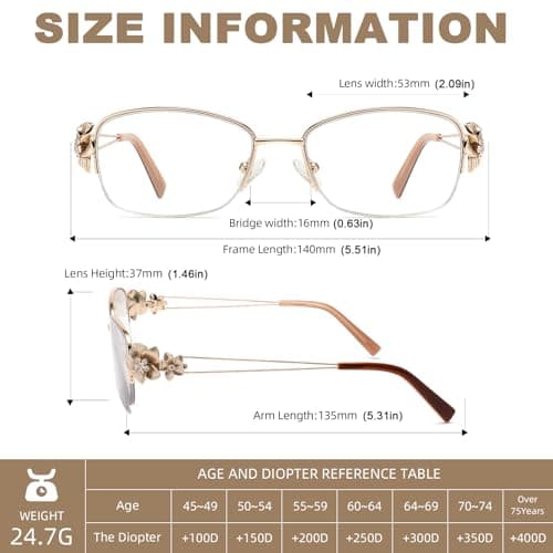 TOVEEN Photochromic Progressive Multifocal Reading Glasses for Women, Stylish Metal Half Frame Blue Light Blocking Sunglasses 1 Pack Gold +1.5 - Thumbnail 6