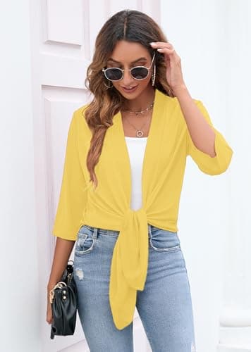 Heymoments Cardigan for Women Draped Yellow XXX-Large Open-Front 3/4 Sleeve Lightweight Casual Soft Drape Summer Fall Kimonos Cardigans - Thumbnail 3