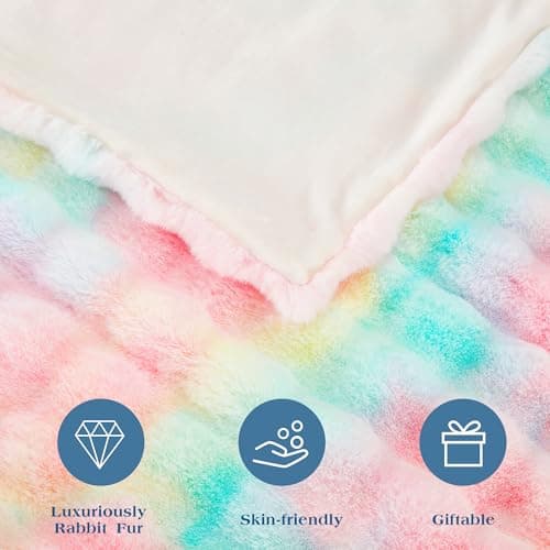 DREAMNINE Soft Faux Bubble Rabbit Fur Throw Blanket for Couch, Thick Cozy Decorative Colorful Warm Fuzzy Fur Blanket for Sofa Chair Bedroom Living Room Dorm Women Gift, 50 * 60 Inches, Rainbow - Thumbnail 5