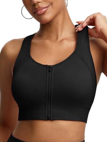 BRXL Front Zip Sprorts Bra Seamless Sewn in Pads Racerback Wide Straps Medium Impact for Running Yoga Gym Black M - Image 1