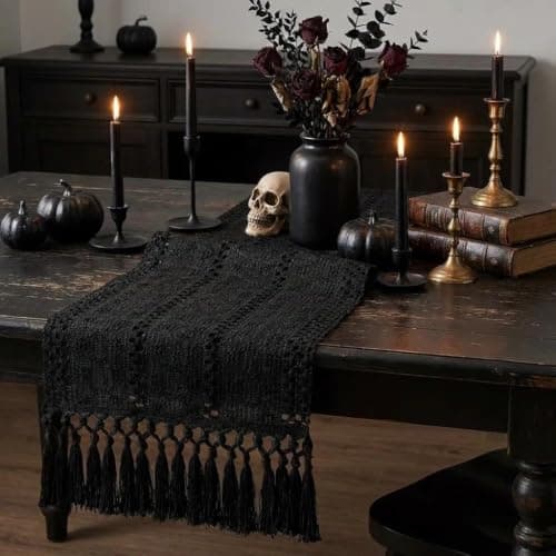 yuboo Black Table Runner 36 Inches, Small Boho Macrame Coffee Bar Mat, Modern Farmhouse Dresser Scarf with Tassels, Short Runner for Nightstand, Shoe Cabinet, Industrial Home Decor - Thumbnail 3