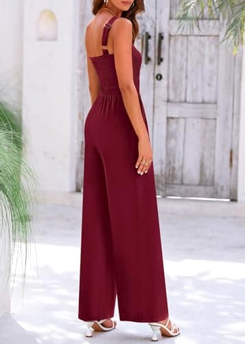 KIRUNDO Womens Jumpsuit 2026 Summer Casual Loose One Piece Overalls Smocked Sleeveless Wide Leg Rompers With Pockets(Deep Red, Small) - Thumbnail 2