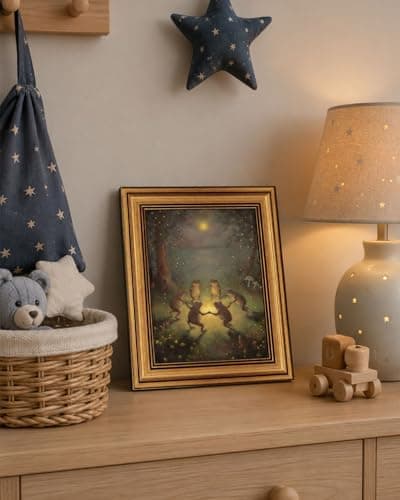 Gold Framed Wall Art, Vintage Whimsical Dancing Frogs Canvas Prints, Moonlight Woodland Animal Picture Wall Decor, Dark Academia Cottagecore Forest Artwork for Nursery Bedroom 12x16 inch - Thumbnail 5