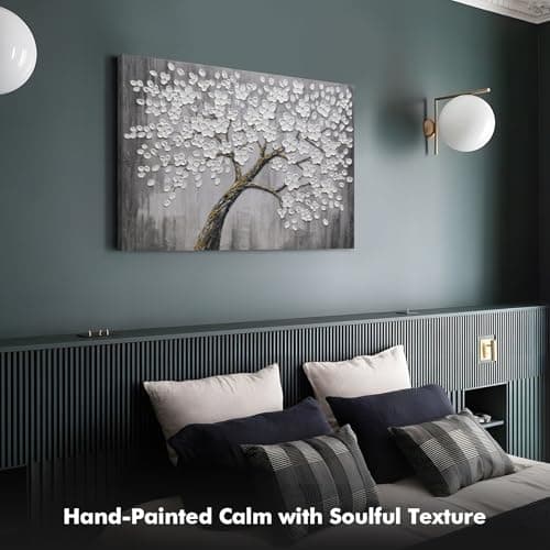 JUHOME Hand-Painted Black and White Thick Texture Flowers Abstract Oil Painting Wall Art,Floral Plum Blossom Tree with Raised Details,Modern Neutral Wall Decor for Home Bedroom,24x36 - Thumbnail 5