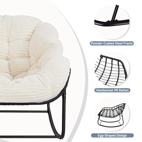 Halituny Indoor Rocking Chair, Oversized Outdoor Lounge Chair with Thick Corduroy Cushion & Straps, Wicker Modern Comfy Rocker Egg Chair for Living Room, Bedroom, Porch and Courtyard, Beige - Thumbnail 5