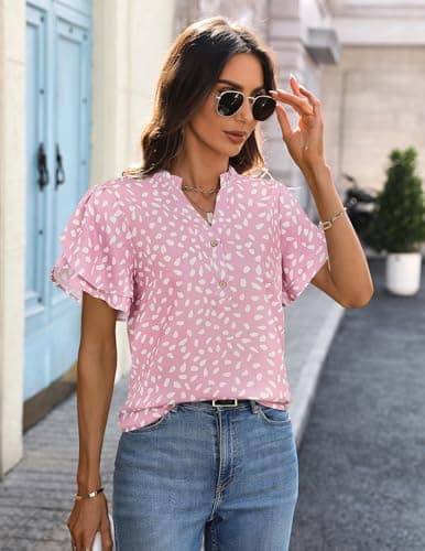 LOOKBOHO Blouse for Women Dressy Casual Ruffle Short Sleeve Boho Tops Fashion V Neck Pink Dot Button Down Shirts Summer S - Thumbnail 3