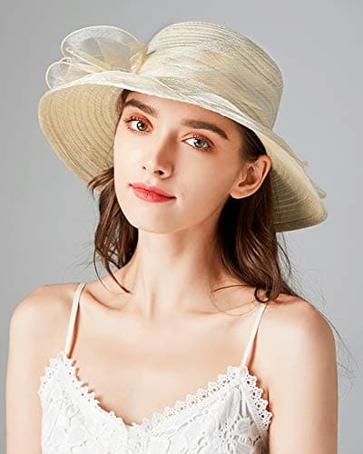 Bellady Women Foldable Organza Derby Hat Wide Brim Summer Beach Cap,Beige - Thumbnail 2