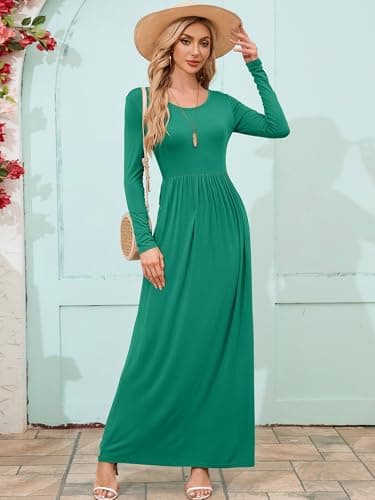 DEARCASE Maxi Dress for Women Jade Green Small Crewneck Long Sleeve Sundress A-line Plain Casual Vacation Empire Waist Flowy Party Vintage Spring Fall Winter Floor Dresses with Pockets - Thumbnail 4