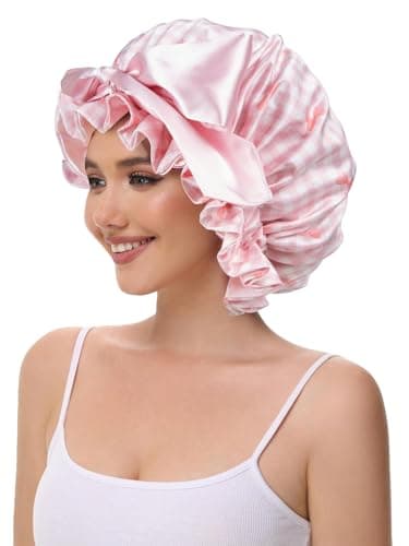 Vettres Cute Adjustable Silk Bonnet for Sleeping Double Layer Satin Cap Hair Sleep Bonnet for Curly Hair Pink White Bow - Thumbnail 5