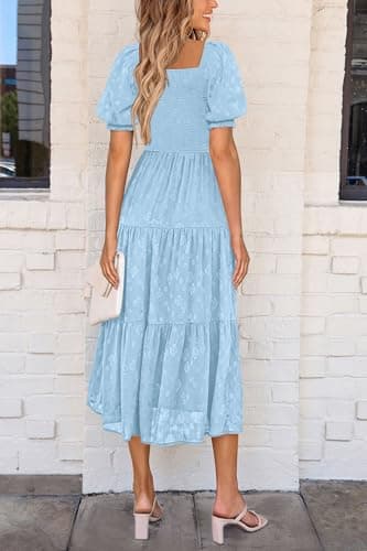 PRETTYGARDEN Women's 2026 Summer Casual Midi Dresses Square Neck Short Sleeve Smocked A Line Floral Flowy Elegant Boho Dress (Light Blue,Medium) - Thumbnail 2