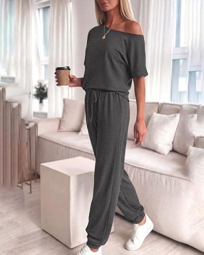 Zenlonr Women Summer 2 Piece Outfits 2026 Off Shoulder Short Sleeve Tops Elastic Waist Drawstring Long Pants Tracksuit(Dark Grey,Medium) - Thumbnail 3