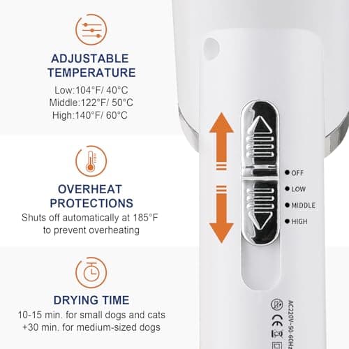 Portable Dog Hair Dryer with Brush – 300W, 3 Heat Settings, Professional, Overheat Protection for Small Medium Pets - Thumbnail 6