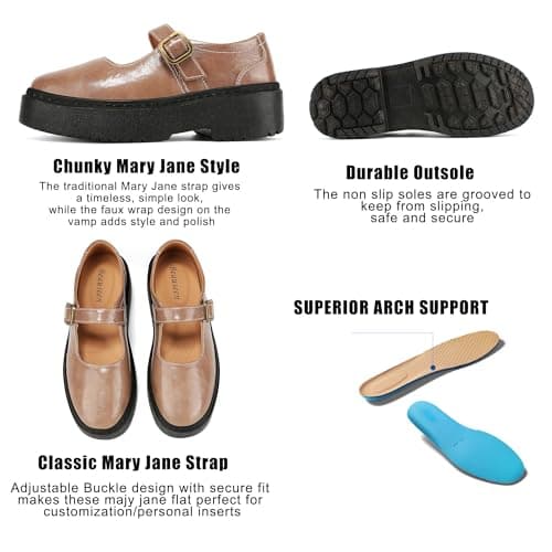 BEAUSEEN Women's Mary Jane Shoes with Platform Sole - Comfort Round Toe Strap Ballet Flats for Women - Chunky Heel Dress Flats Nude,7 US - Thumbnail 6