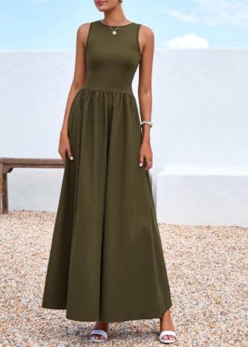 KIRUNDO Summe Sleeveless Maxi Dresses for Women 2026 Spring Wedding Guest A Line Tank Elegant Flowy Beach Long Sundress(Army Green, XX-Large) - Thumbnail 5
