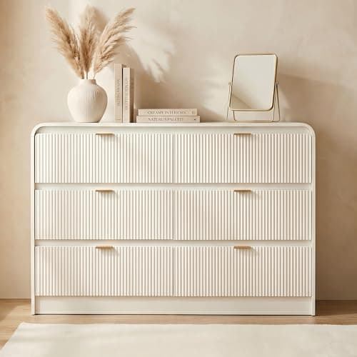 FURSUN Fluted 6 Drawers Dresser for Bedroom, 54" Wide Wooden Dresser with Metal Handle, Curved Profile Design, Modern Storage Organizer for Bedroom, Living Room, Hallway, White - Image 1