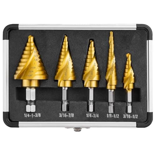 OSTTE 5PCS Step Drill Bit Set with Two Spiral Grooves, 50 Sizes (3/16" to 1-3/8") HSS Titanium Coated Step Bits for Metal, Aluminum, Wood & Plastic - with Aluminum Case for Electricians & DIY - Image 1