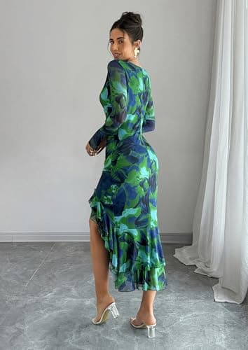 ECOWISH Women's Spring Wedding Guest Dress 2026 Long Sleeve Ruched Bodycon Floral Ruffle Cocktail Party Maxi Dresses Green X-Large - Thumbnail 4