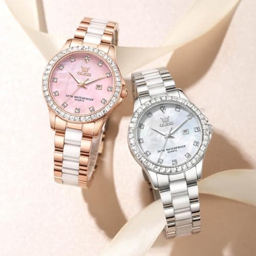 OLEVS Women's Rose Gold Watch for Women Water Resistant Watches Quartz Day Date Ceramic Stainless Steel Band Luxury Pink Mother of Pearl Diamond Dial Elegant Ladies Dress Wrist Watch Gift for Her - Thumbnail 4