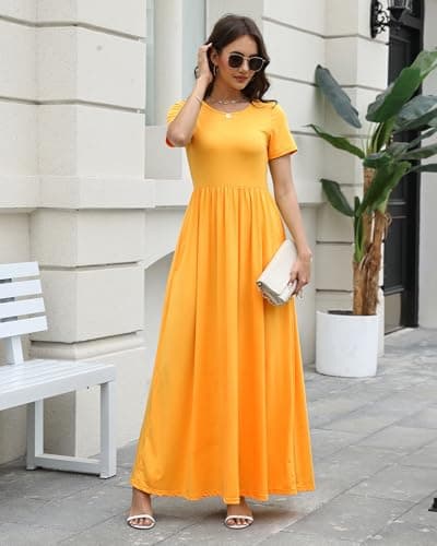 COSSEN Women’s Crewneck Short Sleeve Maxi Dress Yellow Large with Pockets – Casual Loose Swing Sundress for Wedding Guest, Beach & Vacation - Thumbnail 4