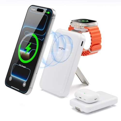 APTMAPT Magnetic Wireless Charger, 20W Fast Charging, MagSafe Charger with Stand, Travel Charging Station for iPhone 17/16/15/14/13/12, iWatch, Air pods, White