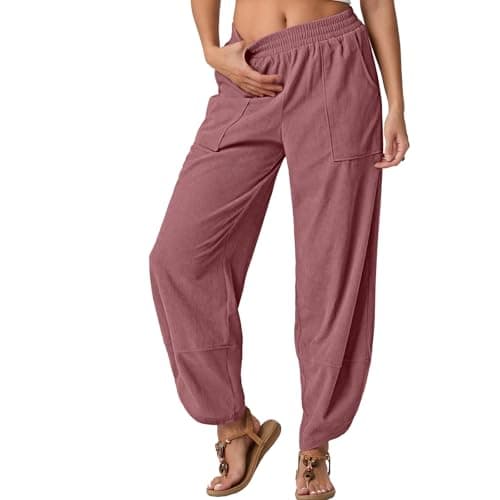 FREEOAK Womens Casual Sweatpants Wide Leg Palazzo Harem Bottoms Comfy Boho Baggy Pants for Women 2025 Fall Rose Red Small - Image 1