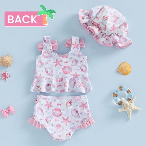DivingBirds Baby Girls Toddler Two-Piece Swimsuit with Hat, Ruffle Bowknot Bathing Suit Swimwear Set Pink and White for 3-4 Years - Thumbnail 2