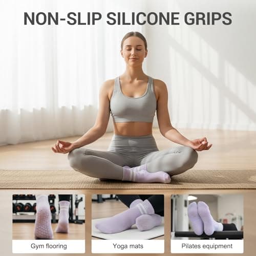4 Pack Pilates Crew Grip Socks for Women Non Slip Sticky Grippers Yoga Barre Slipper for Hospital Maternity Elderly Home Floor Reformer Ballet Dance Studio Athletic Thick Cotton - Thumbnail 2