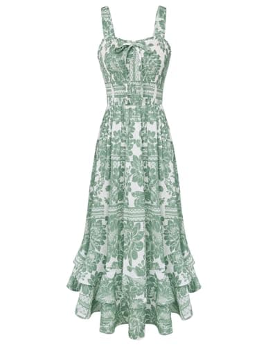 GRACE KARIN Women's 2026 Summer Floral Boho Dress Square Neck Strapped Swing A Line Sundress Beach Long Maxi Outfits White Green 2XL - Image 1