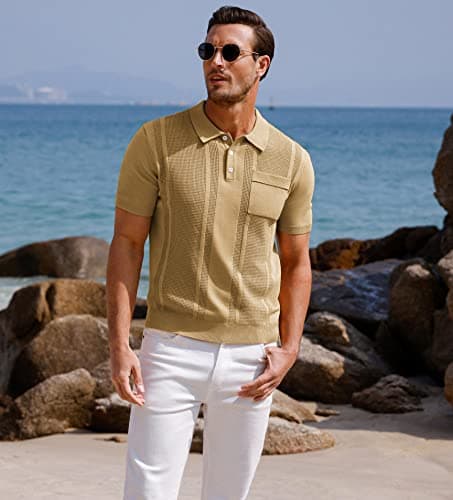 GRACE KARIN Mens Knitted Polo T Shirt Short Sleeve Slim Fit Tee Shirts Business Casual Summer Fashion T-Shirt Khaki M - Thumbnail 2