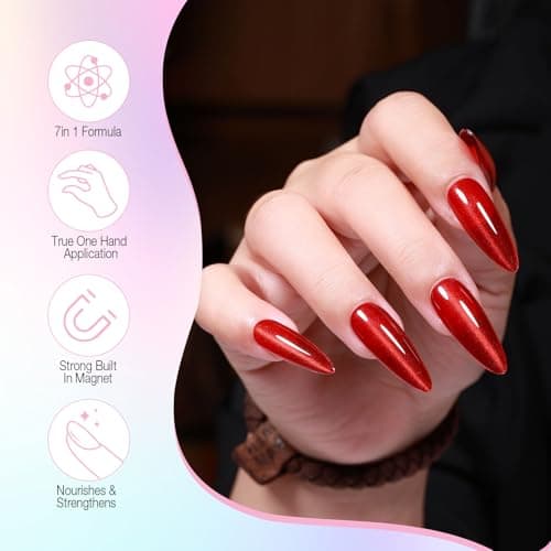 GELLAKTIK 7-in-1 Cat Eye Gel Nail Polish Pen, One Step Magnetic Gel Polish with Detachable Magnet, No Base/Top Coat Needed, Red Gel Nail Polish Glassy Soak Off UV LED Nail Art DIY Home Salon - Thumbnail 2