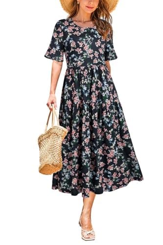 STYLEWORD Women's Summer 2025 Casual Short Sleeve Tiered Flowy Spring Dress Long Midi Beach Sundress Vacation Outfits(Floral20,M) - Image 1