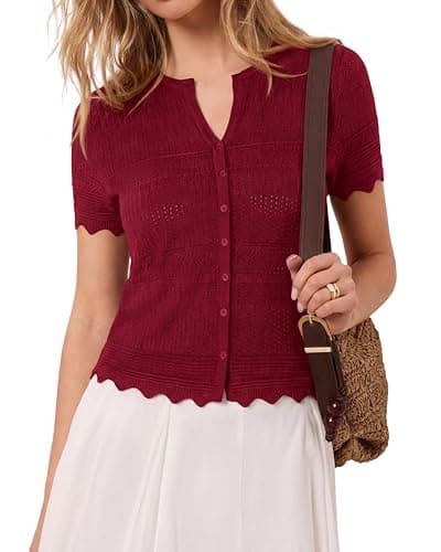 dowerme Women Summer Cardigan Sweaters 2026 Fashion Short Sleeve V Neck Crochet Crop Tops Spring Beach Vacation Clothes(Burgundy,Large) - Thumbnail 5