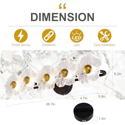 TYhogar 26.7" Black Bathroom Light Fixtures 5 Light Floral Bathroom Vanity Light, 3-Color Temperature Vanity Light Elegant Led Wall Lights Cordless Wall Sconces for Decor,Restroom,Livingroom,Bedroom - Thumbnail 4