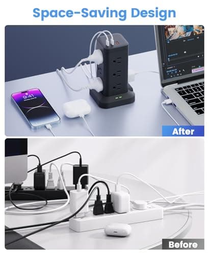 Tagzilo 15-in-1 Power Strip Tower with Surge Protector 1800J, Fast Charging Tower PD20W USB-C Ports with 12 AC Outlets, 9.8ft Extension Cord for Home Office Dorm Room, Black - Thumbnail 4