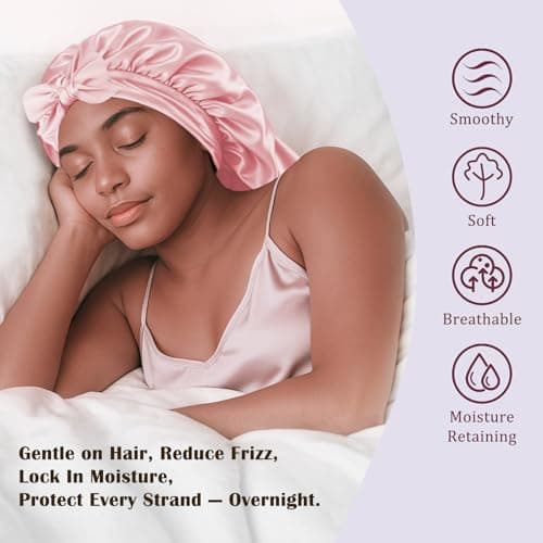 Women's Silky Bonnet - Long Tie Sleep Cap, Curly/Natural Hair, Adj. Night Hat, +10 Scrunchies, Mom/Wife - Thumbnail 4