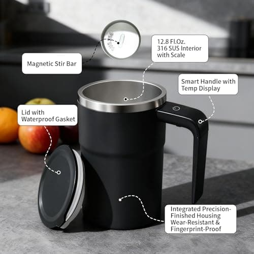 Self Stirring Coffee Mug 12 Oz with Lid, 316 Stainless Steel Automatic Magnetic Mixing Cup with a Built-in Lcd Thermometer & Handle, Rechargeable Electric Coffee Stirrer, Gift for Men and Women - Thumbnail 3