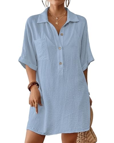 Bsubseach Cover Ups for Swimwear Women Short Sleeve Beach Swimsuit Coverup Loose Shirt Dress 2026 Vacation Outfits Blue M - Image 1