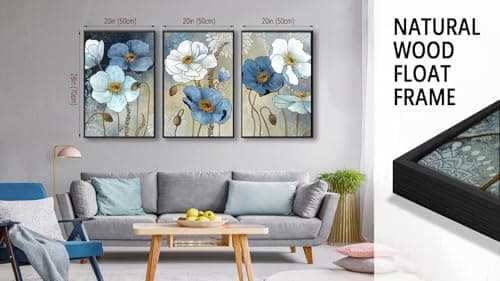 ASDCEUTICALS Large Framed Wall Art - Boho Flowers Wall Decor, Retro Floral Pictures, Blue White Botanical Canvas Prints for Bedroom Living Room Bathroom Kitchen Office Artwork 20" X 28" X 3 Pcs - Thumbnail 6