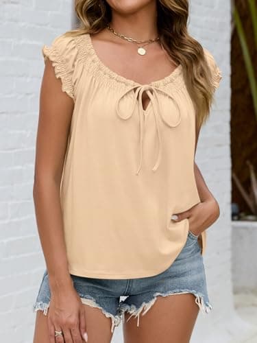 Beloyoni Womens Babydoll Tops Summer Tie Front Cap Sleeve Tank Top Dressy Casual Loose Fit Peplum Blouses Cute Flowy Shirts Beige XS - Thumbnail 5