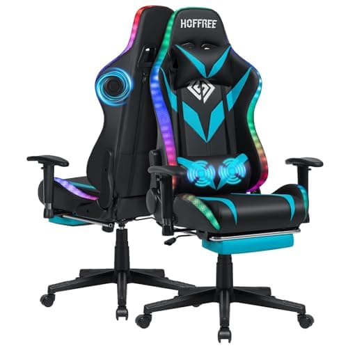 Led Gaming Chair with Speakers Massage 165° Reclining Computer Chairs-Blue