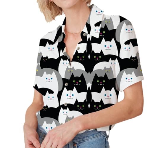 Chicwave Women's Short Sleeve Button Down Shirt, Collared V Neck Cat Print Blouse, Lightweight Casual Novelty Top for Weekend, Vacation, Travel, Summer, White - Thumbnail 5