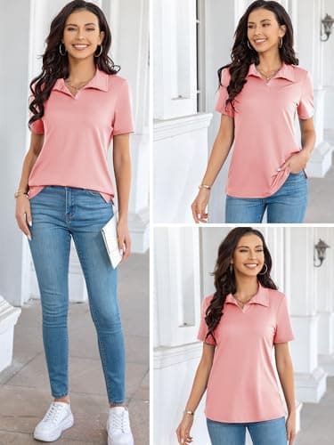 MK Shop Limited Polo Shirts for Women Business Casual Work Lapel Collared Tops V Neck Short Sleeve Summer Quick Dry Golf Polos Tunic Blouse Pink - Thumbnail 6