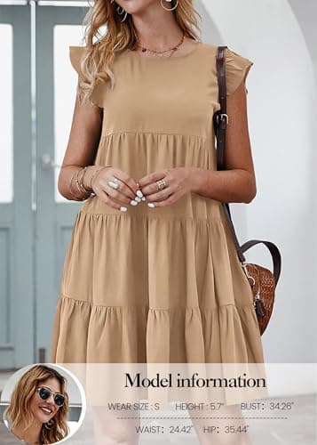 KIRUNDO Flowy Summer Dress for Women Sleeveless Ruffle Cap Sleeve Round Neck Loose Short Pleated Mini Babydoll Sun Dresses(Khaki, Medium) - Thumbnail 4