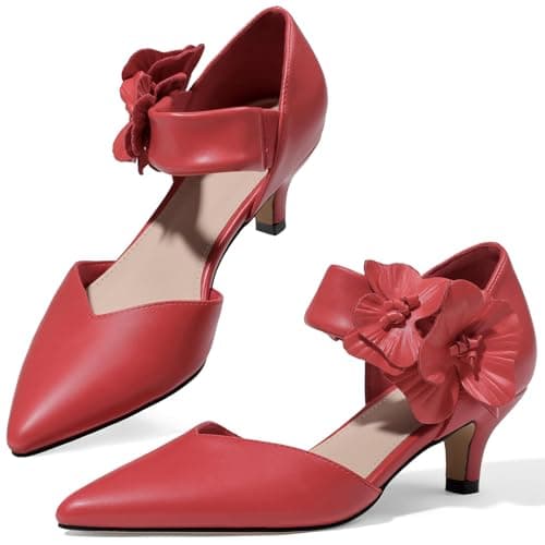 COMFITORIA Womens Low Kitten Heels Closed Pointed Toe Slip on Pumps Ankle Strap Heels Sexy Elegant Bridal Party Dressy Shoes, Red pu, Size 7 - Image 1